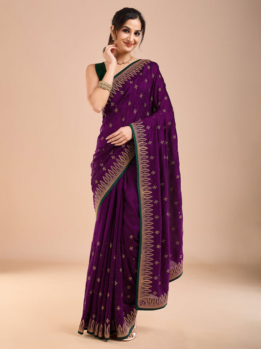 Purple Vichitra Silk Swaroski Work Saree - Ressa