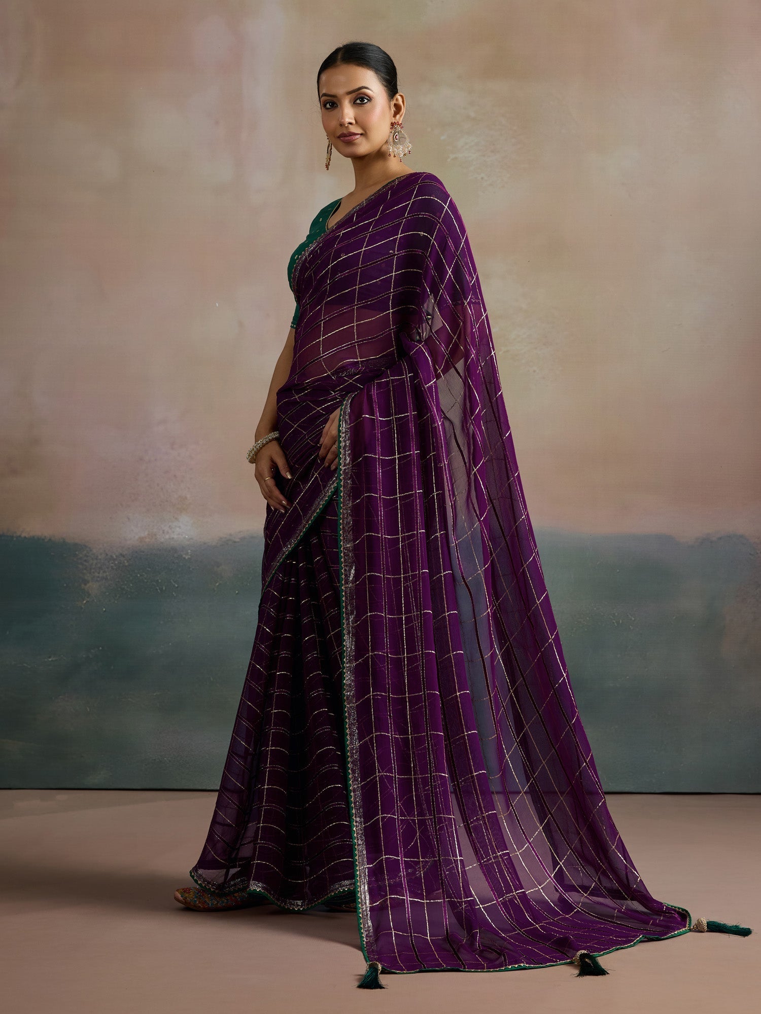 Purple Viscose Silk With Zari Checks Saree - Ressa