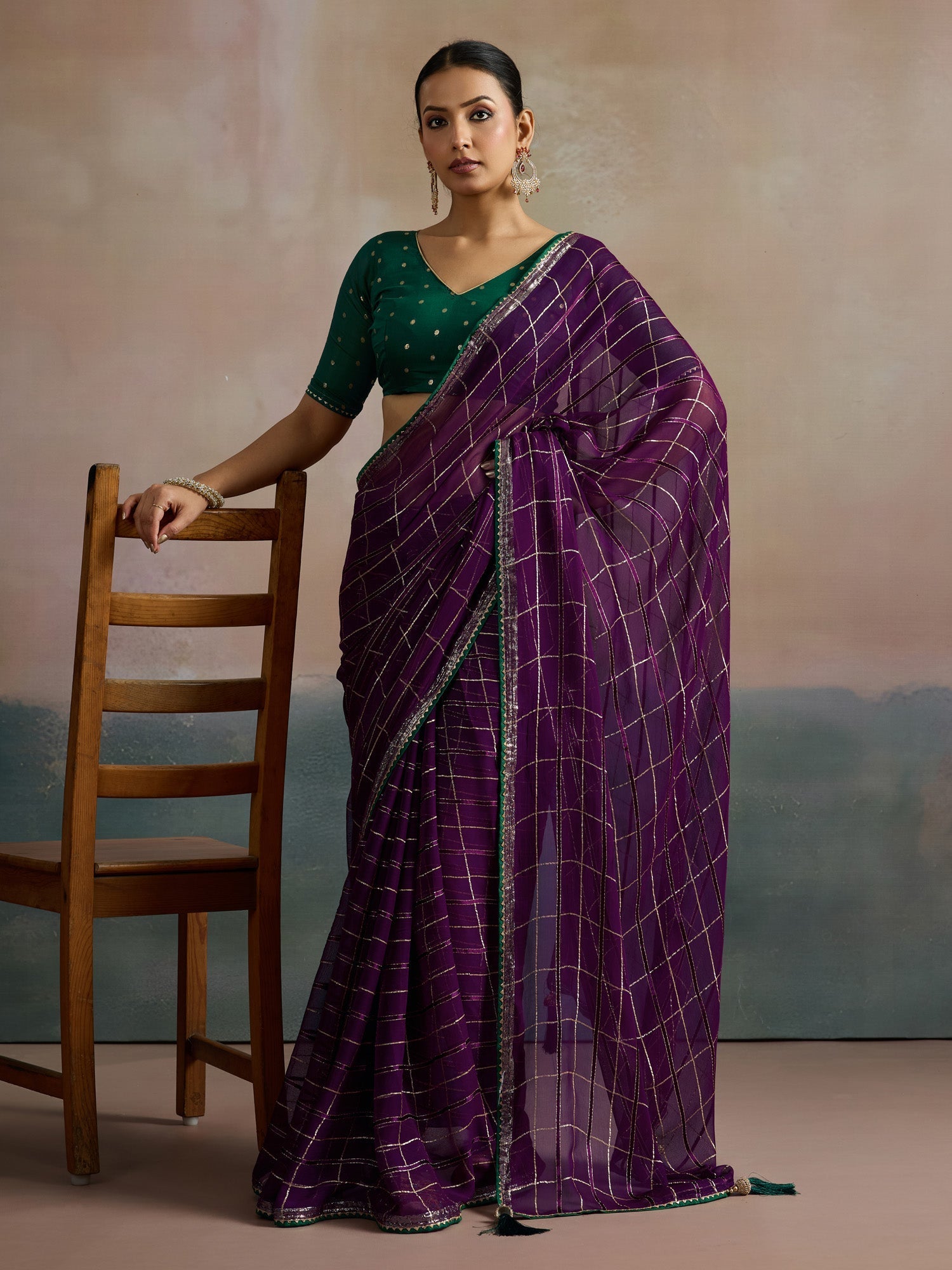 Purple Viscose Silk With Zari Checks Saree - Ressa