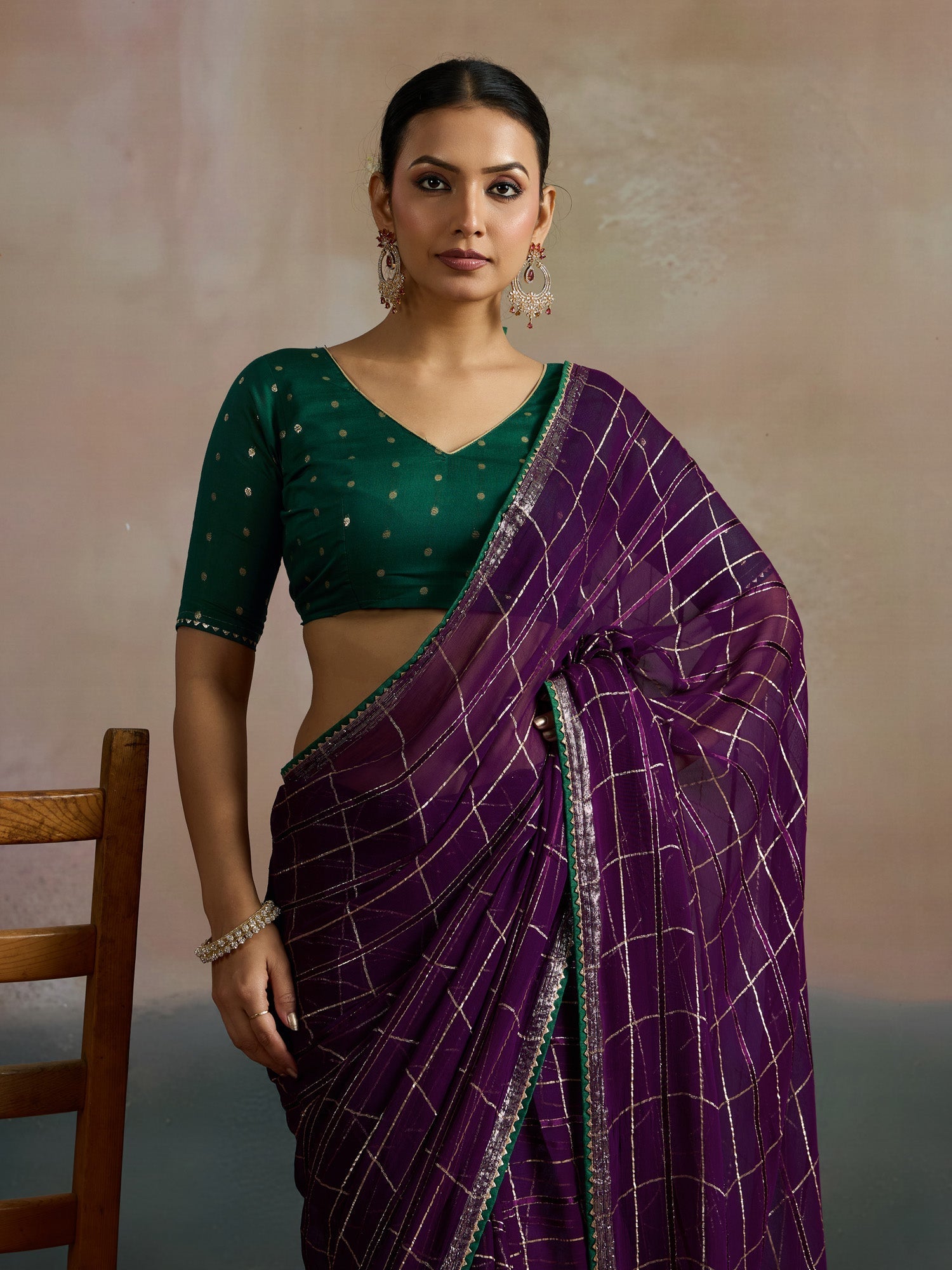 Purple Viscose Silk With Zari Checks Saree - Ressa