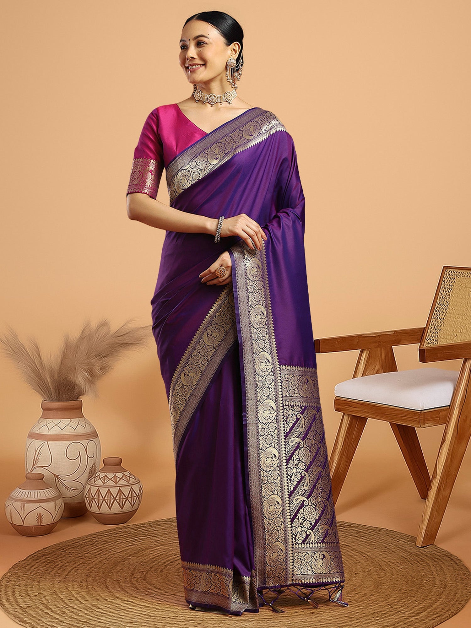 Purple with Gold Zari Weave Banarasi Silk Saree - Ressa
