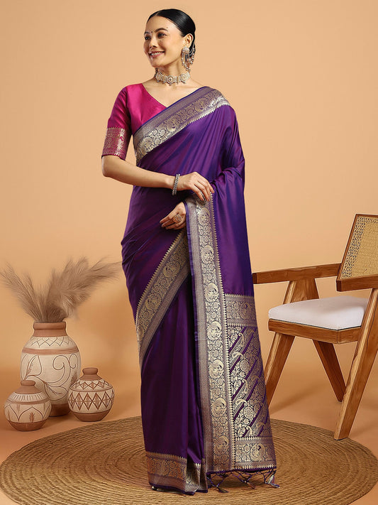 Purple with Gold Zari Weave Banarasi Silk Saree - Ressa