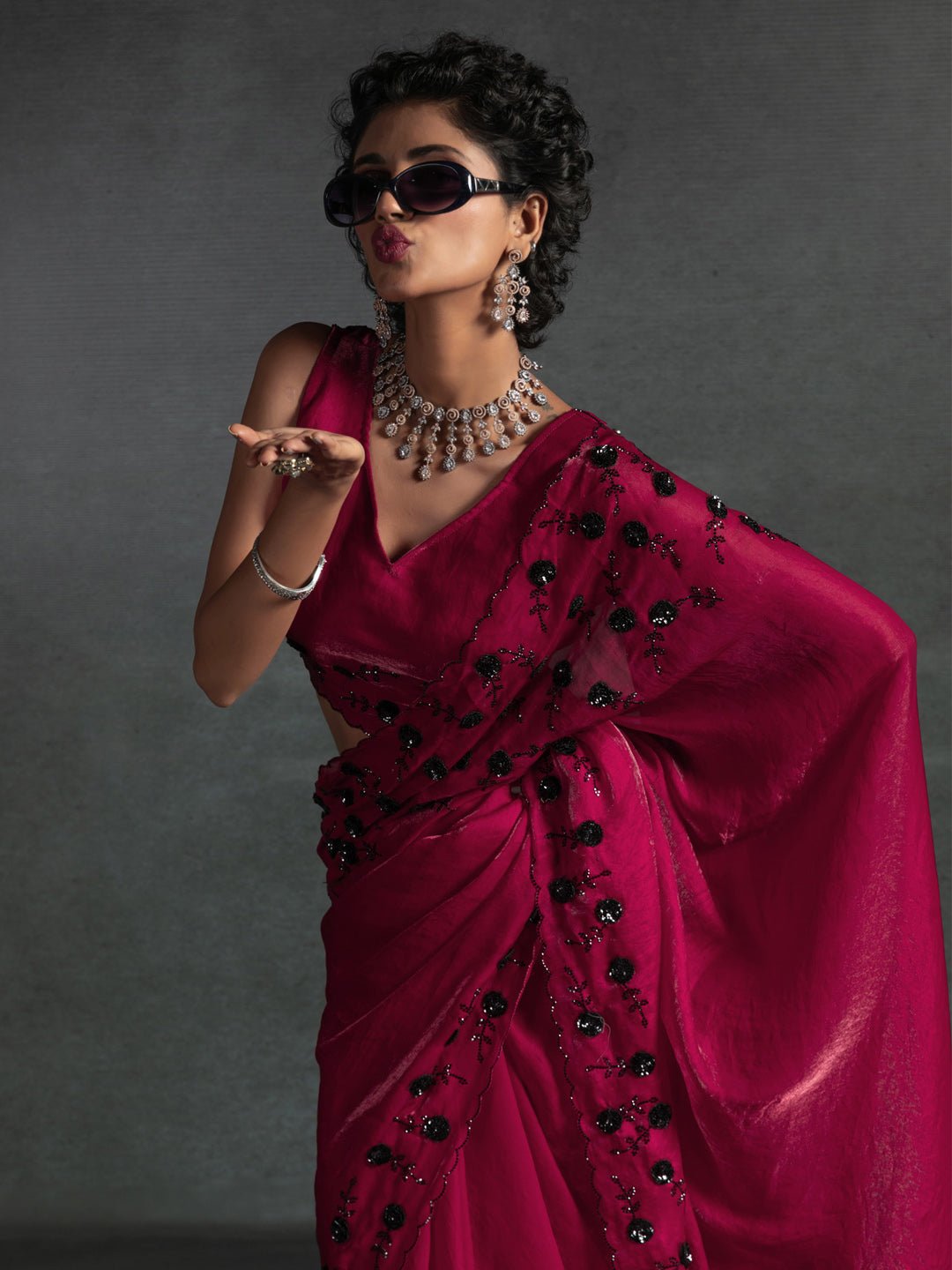 Radiant Magenta Satin Silk Saree - Ressa