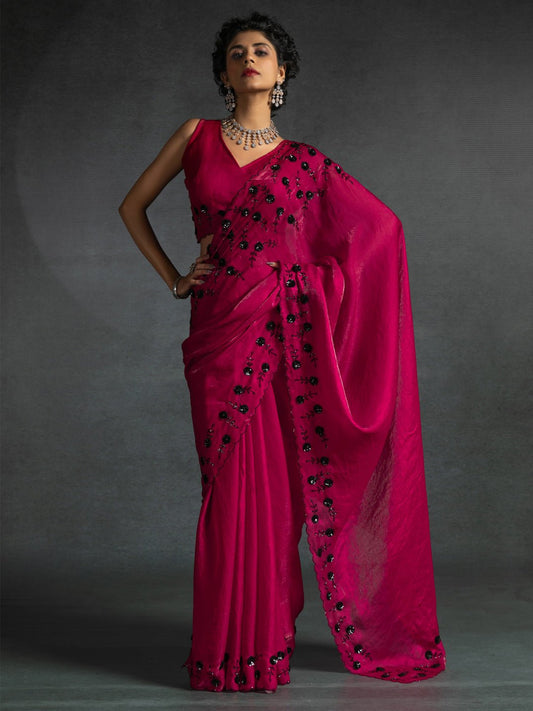 Radiant Magenta Satin Silk Saree - Ressa