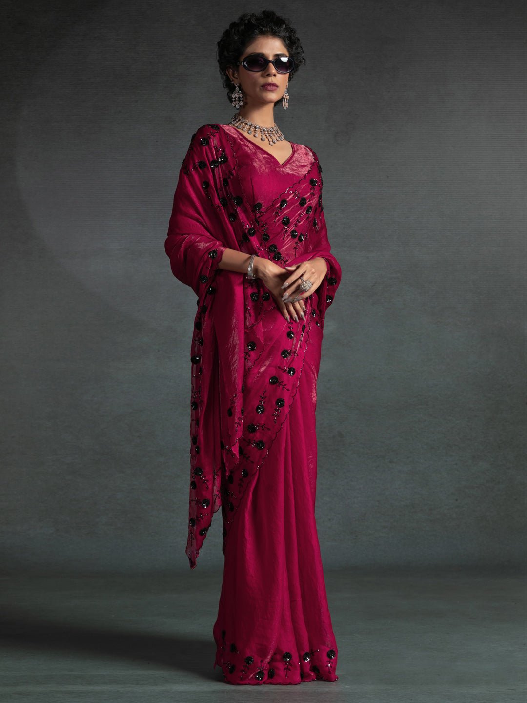 Radiant Magenta Satin Silk Saree - Ressa