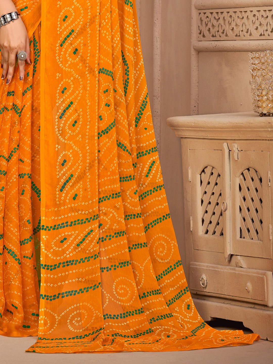 Radiant Mustard Yellow Bandhani Print Chiffon Saree - Ressa