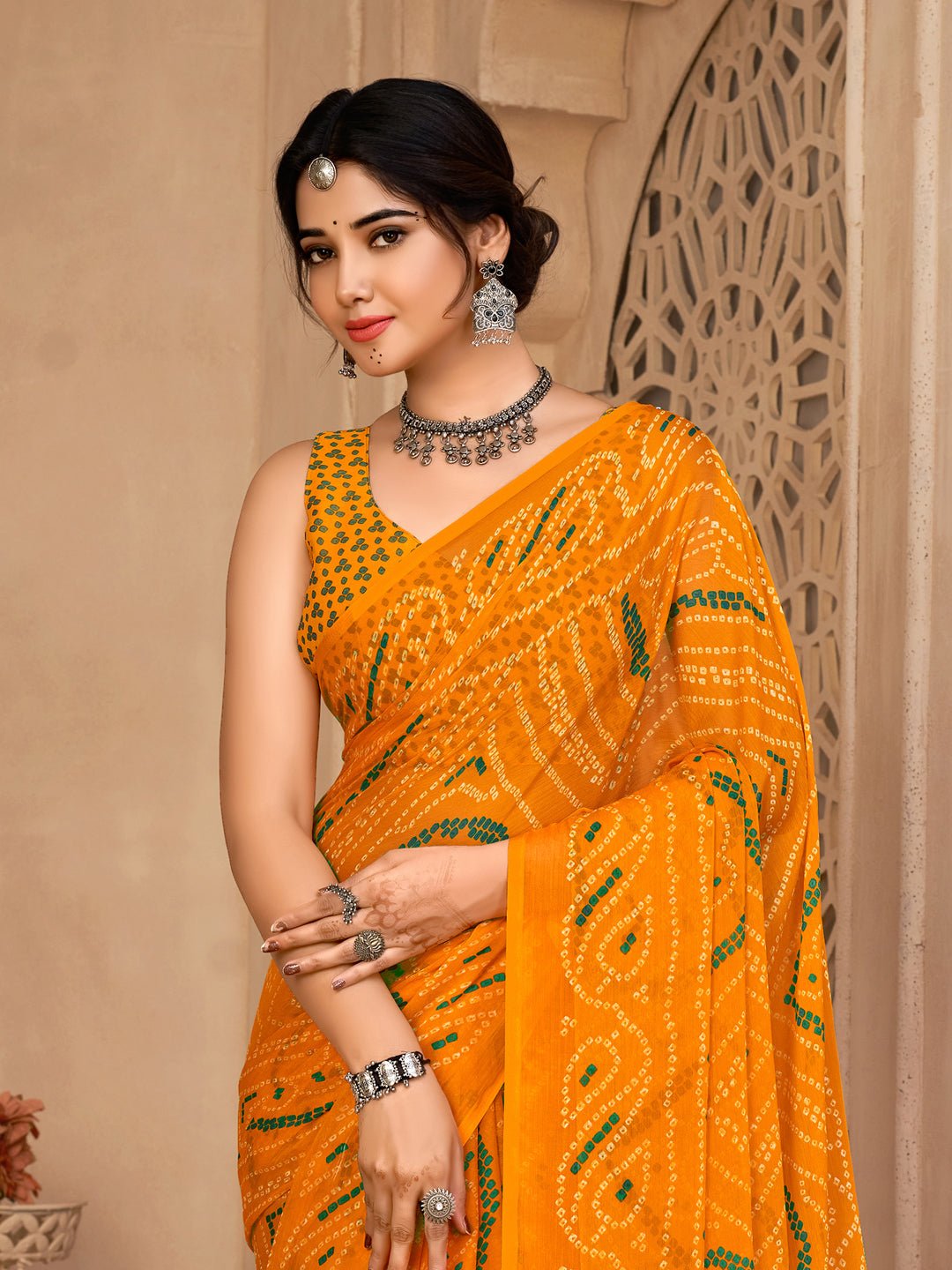 Radiant Mustard Yellow Bandhani Print Chiffon Saree - Ressa