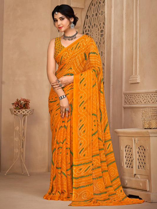 Radiant Mustard Yellow Bandhani Print Chiffon Saree - Ressa
