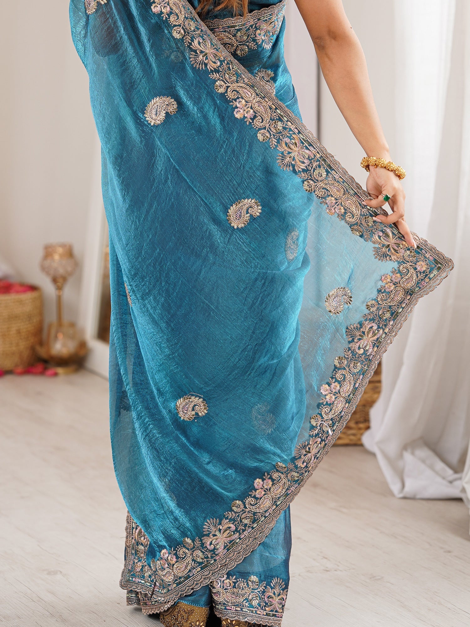 Rama Blue Georgette Silk Blend Saree - Ressa
