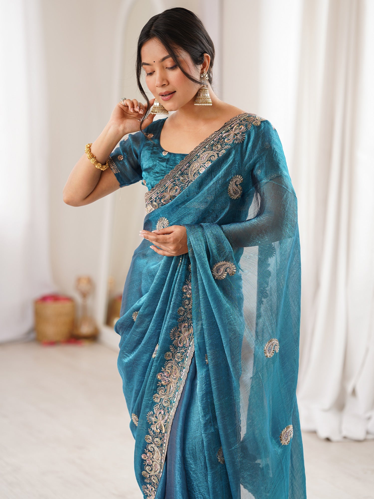 Rama Blue Georgette Silk Blend Saree - Ressa
