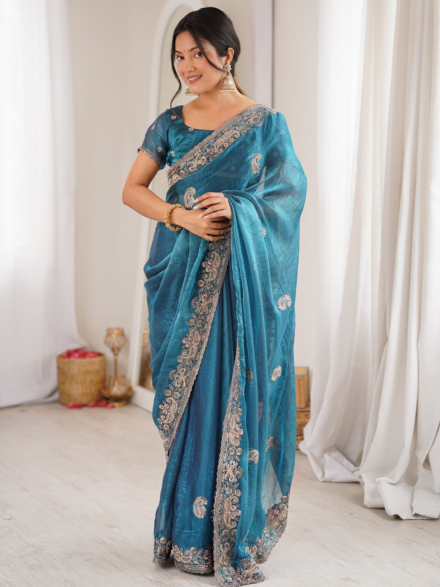 Rama Blue Georgette Silk Blend Saree - Ressa