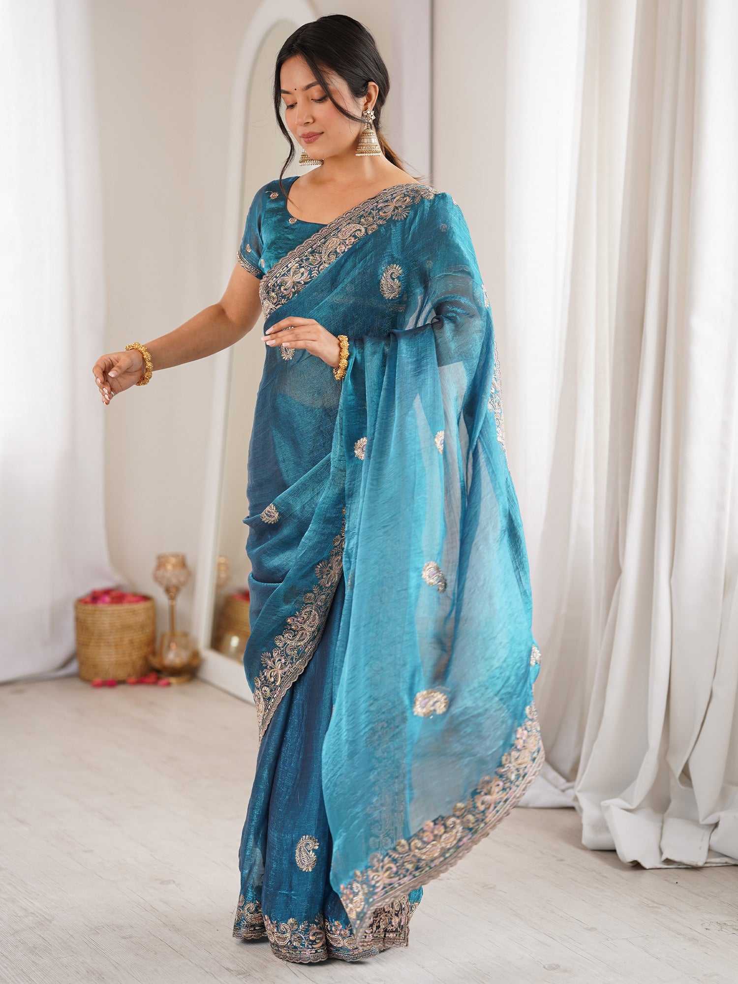 Rama Blue Georgette Silk Blend Saree - Ressa