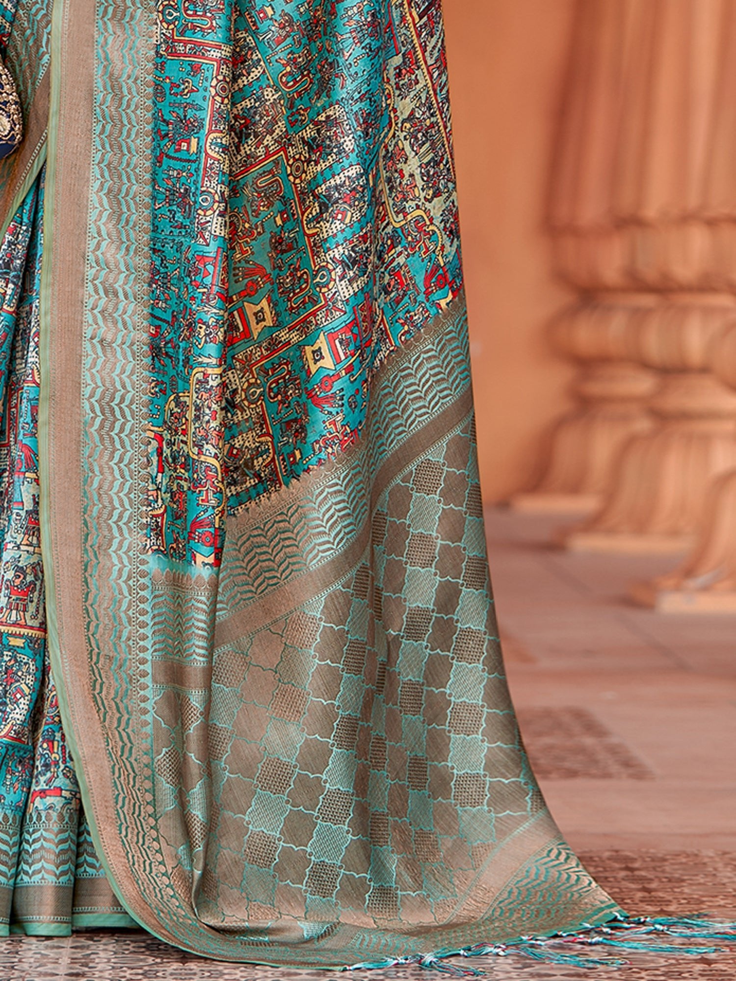Rama Blue & Multicolored Silk Blend Patola Inspired Weaving Zari Border Blouse Saree - Ressa