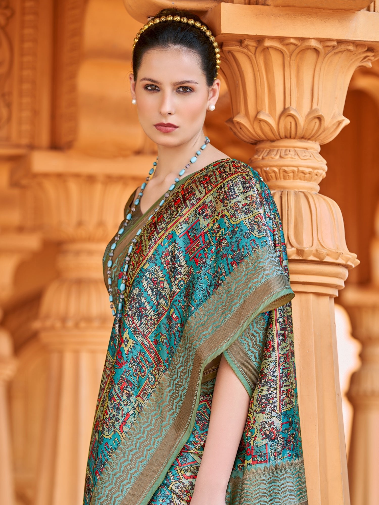 Rama Blue & Multicolored Silk Blend Patola Inspired Weaving Zari Border Blouse Saree - Ressa