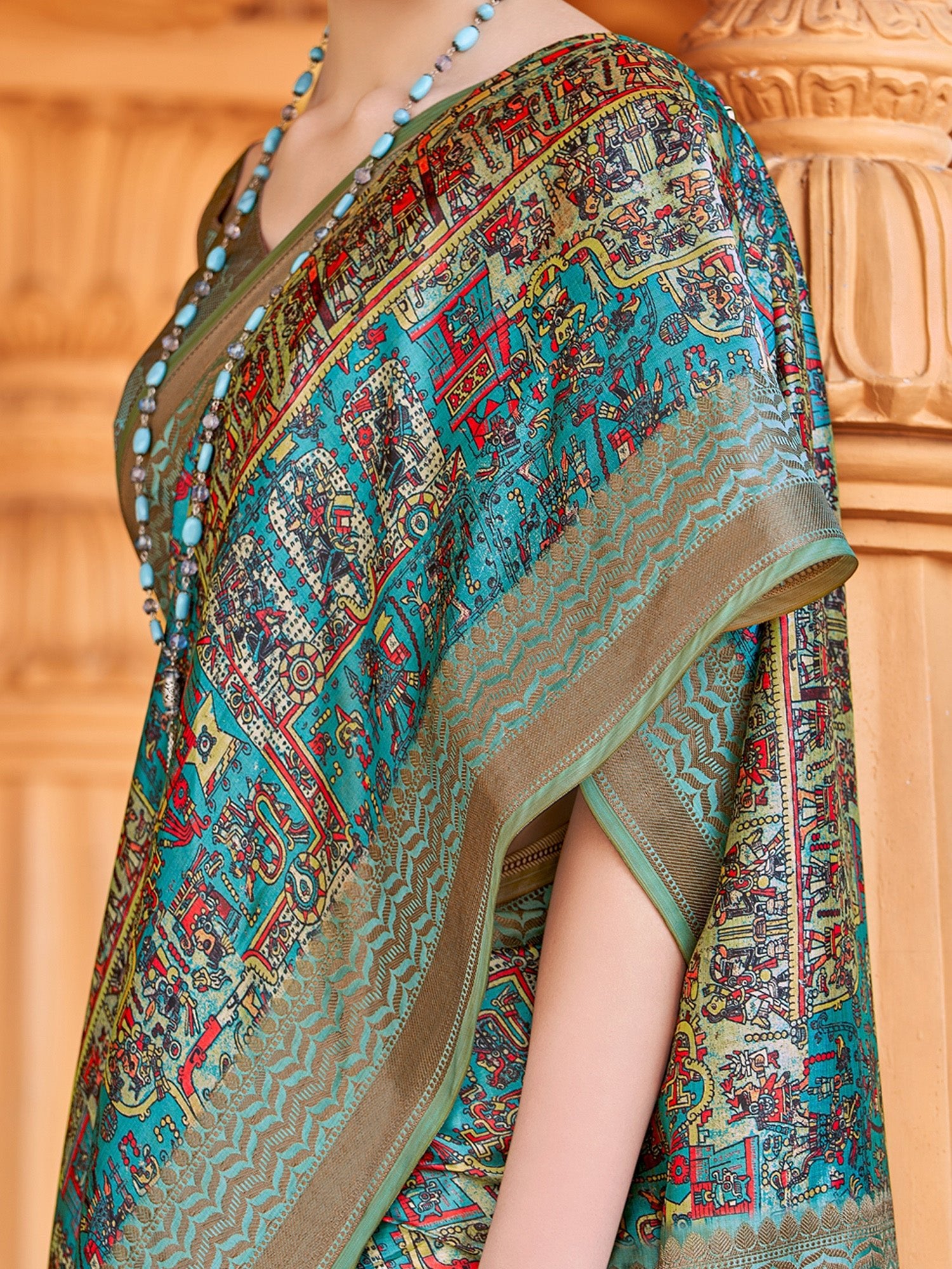 Rama Blue & Multicolored Silk Blend Patola Inspired Weaving Zari Border Blouse Saree - Ressa
