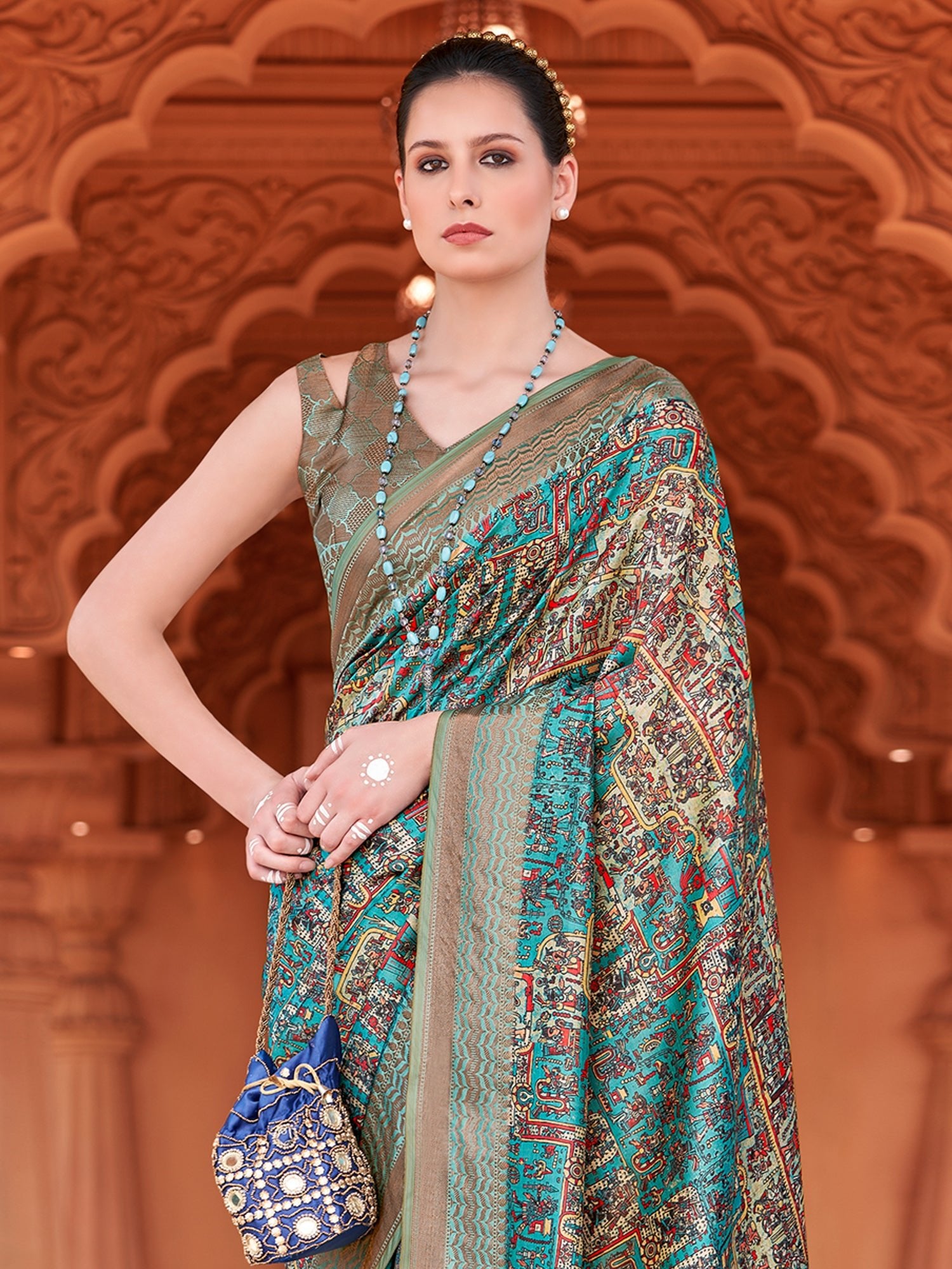 Rama Blue & Multicolored Silk Blend Patola Inspired Weaving Zari Border Blouse Saree - Ressa