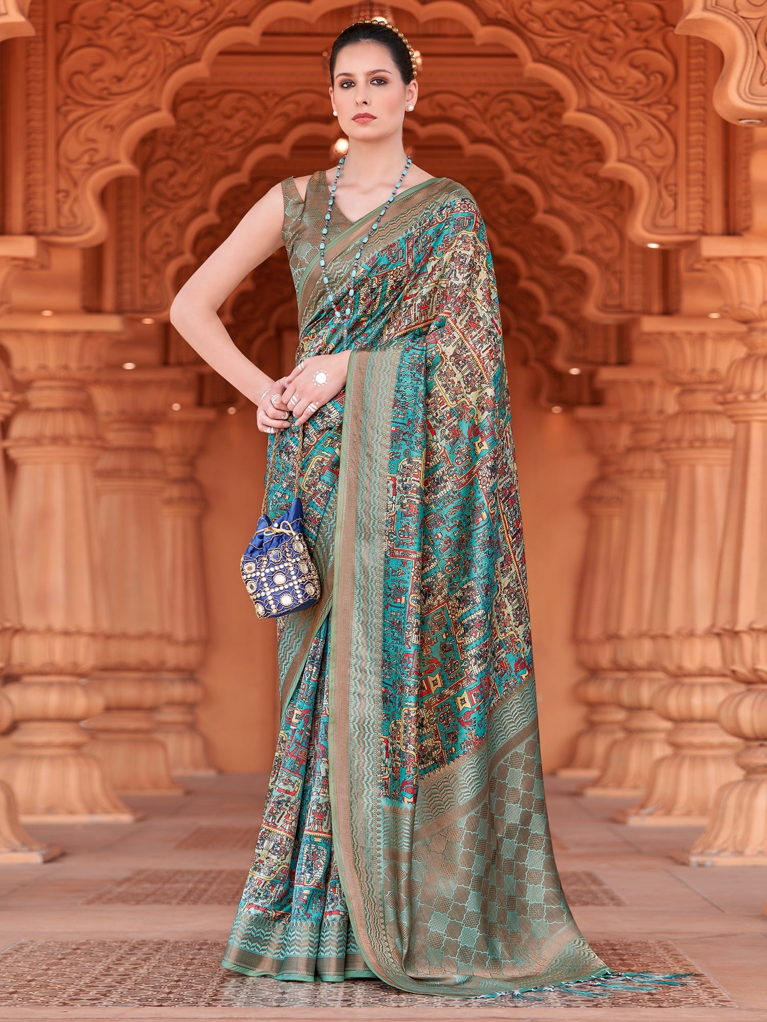 Rama Blue & Multicolored Silk Blend Patola Inspired Weaving Zari Border Blouse Saree - Ressa