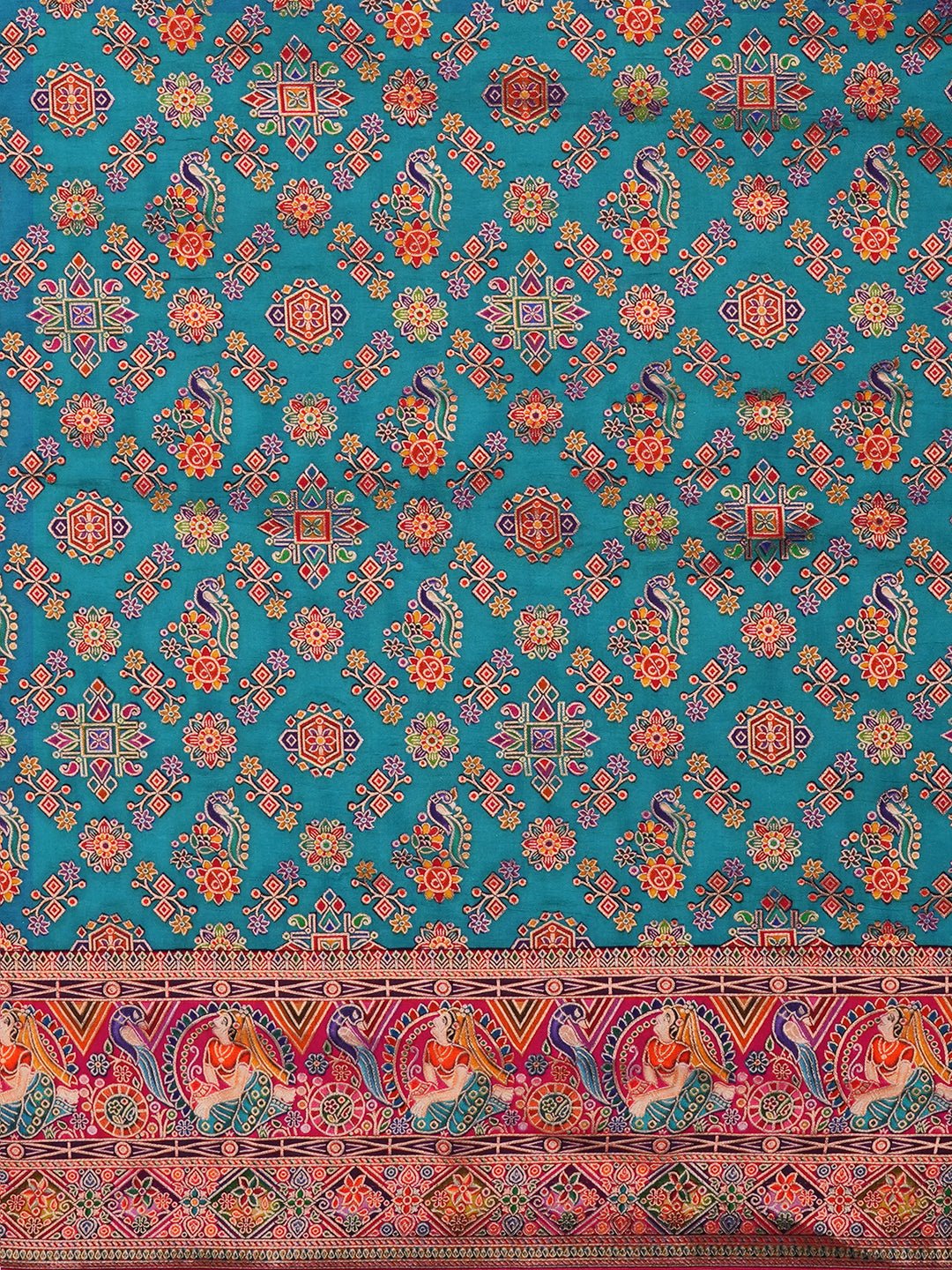 Rama Blue Silk Blend Patola Inspired Weaving Zari Border Blouse Saree - Ressa