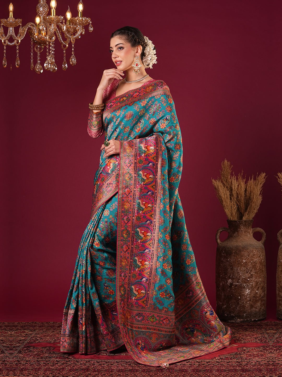 Rama Blue Silk Blend Patola Inspired Weaving Zari Border Blouse Saree - Ressa