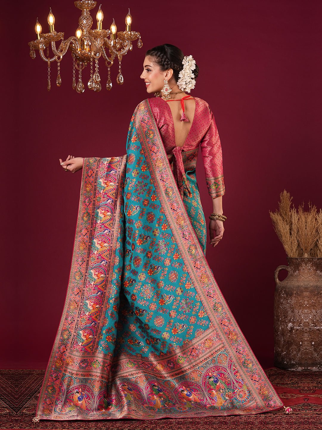 Rama Blue Silk Blend Patola Inspired Weaving Zari Border Blouse Saree - Ressa