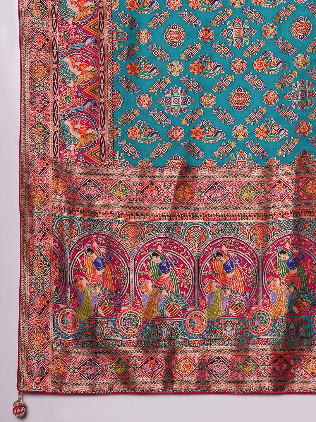 Rama Blue Silk Blend Patola Inspired Weaving Zari Border Blouse Saree - Ressa