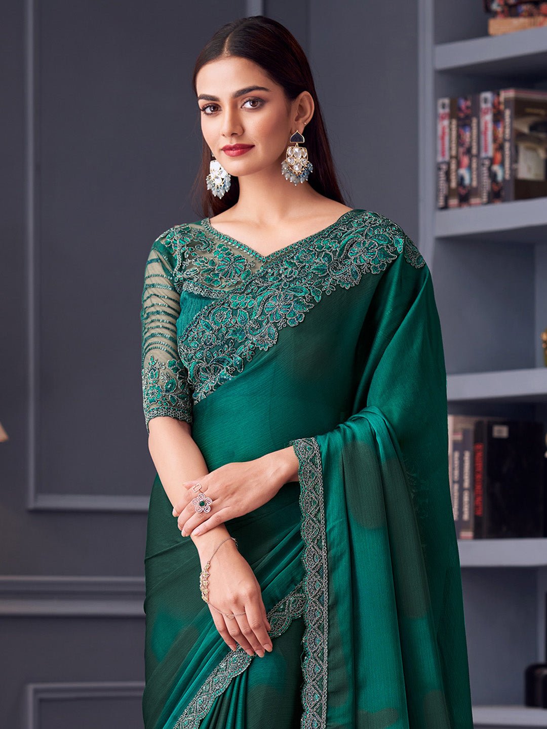 Rama Green Chiffon Saree - Ressa