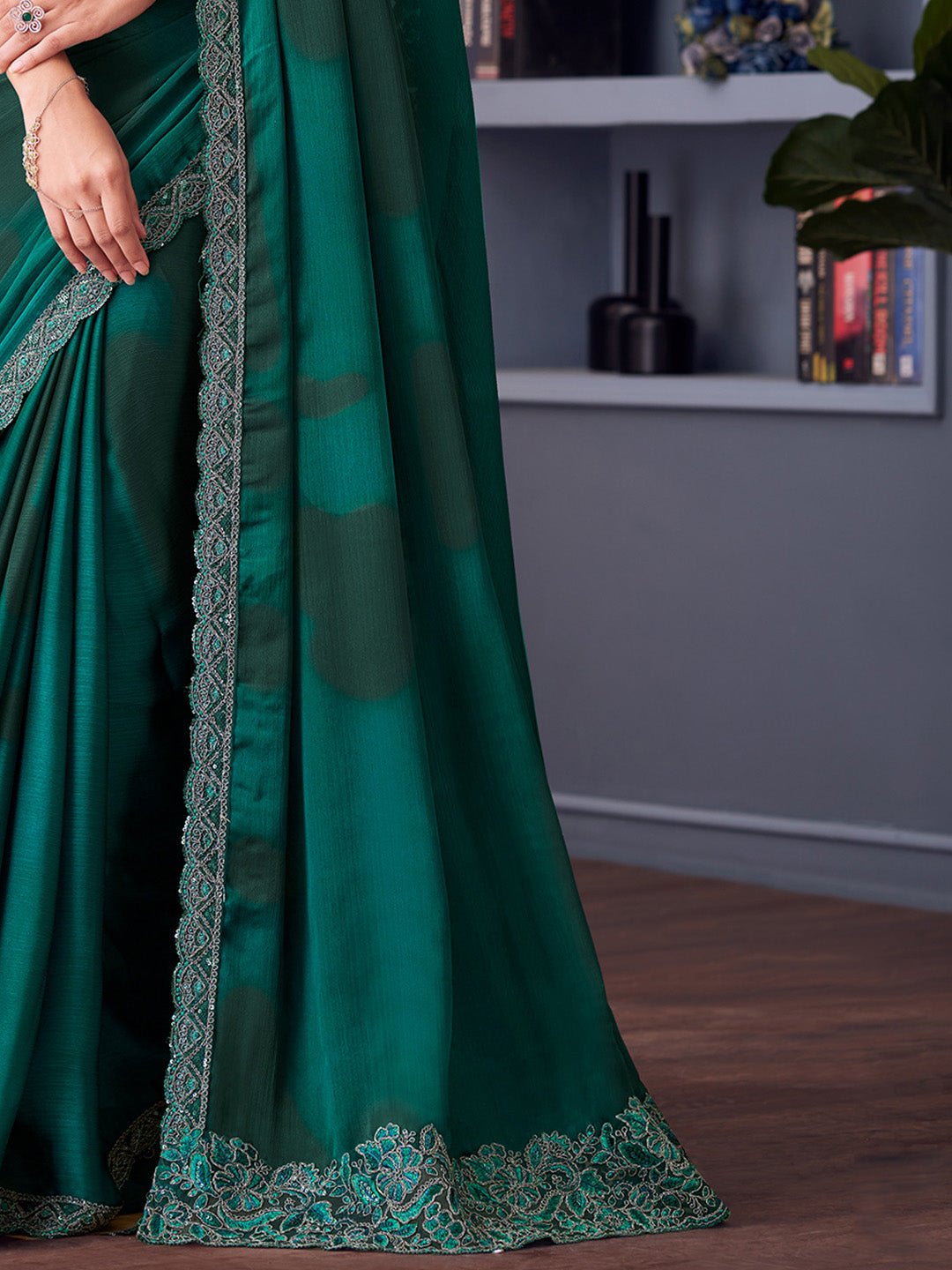 Rama Green Chiffon Saree - Ressa