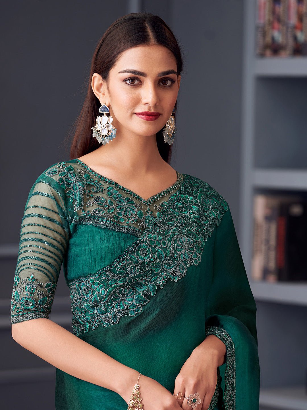 Rama Green Chiffon Saree - Ressa