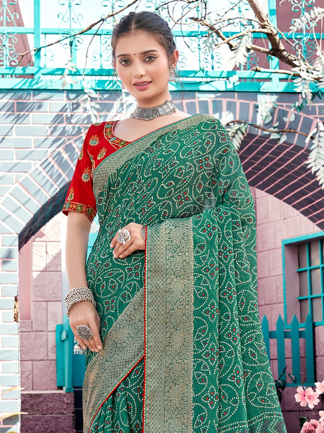 Rama Green Georgette Bandhani Print Saree - Ressa