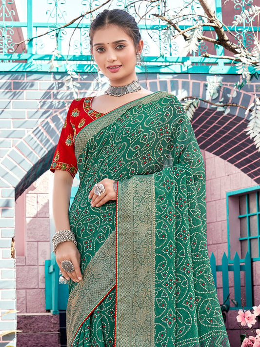 Rama Green Georgette Bandhani Print Saree - Ressa