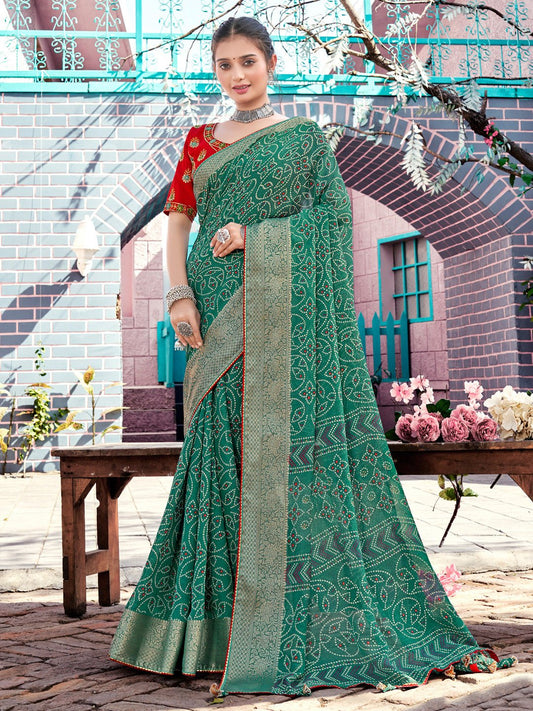Rama Green Georgette Bandhani Print Saree - Ressa