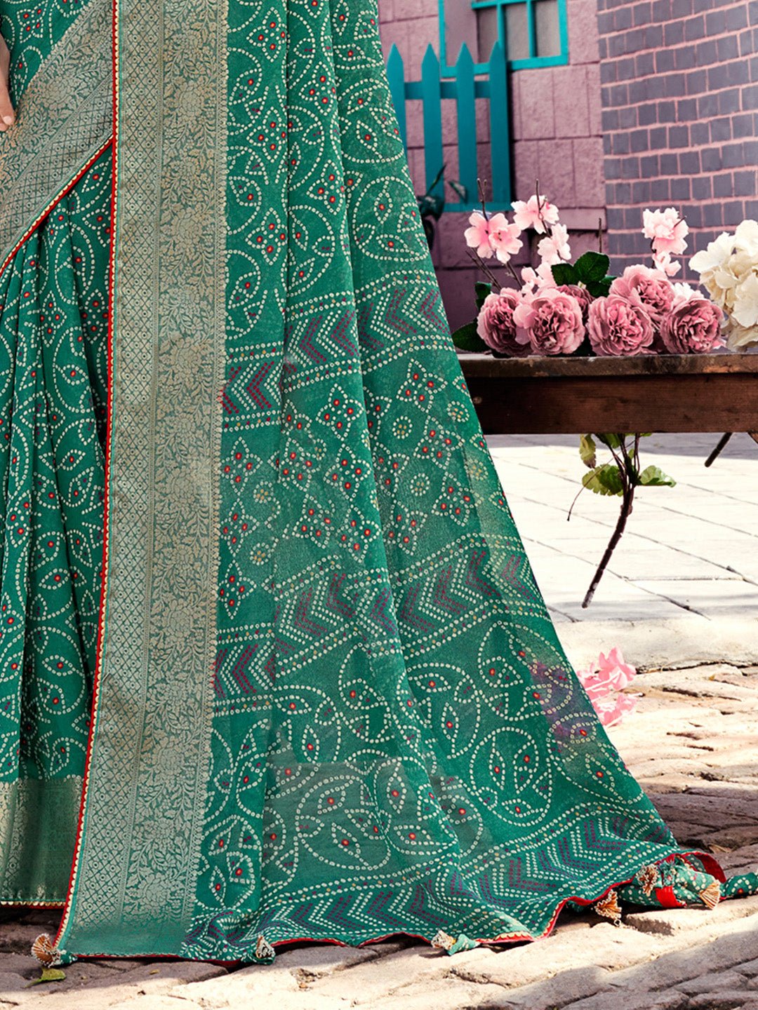 Rama Green Georgette Bandhani Print Saree - Ressa