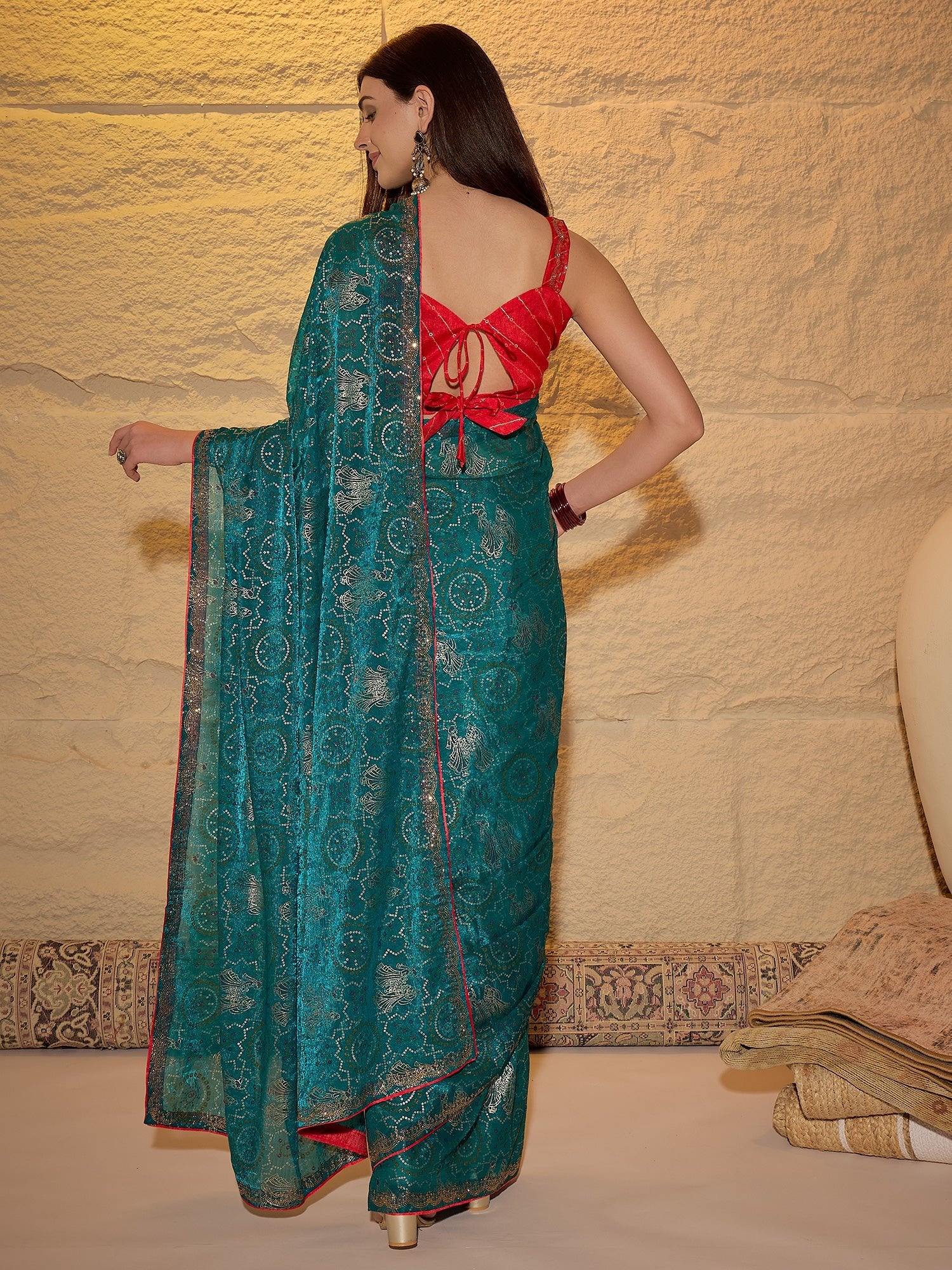 Rama Green Georgette Saree with Bandhani Digital Print - Ressa