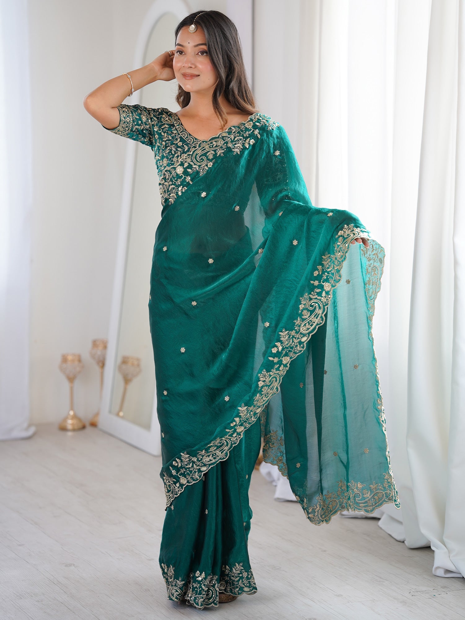 Rama Green Metallic Tissue Silk Saree - Ressa