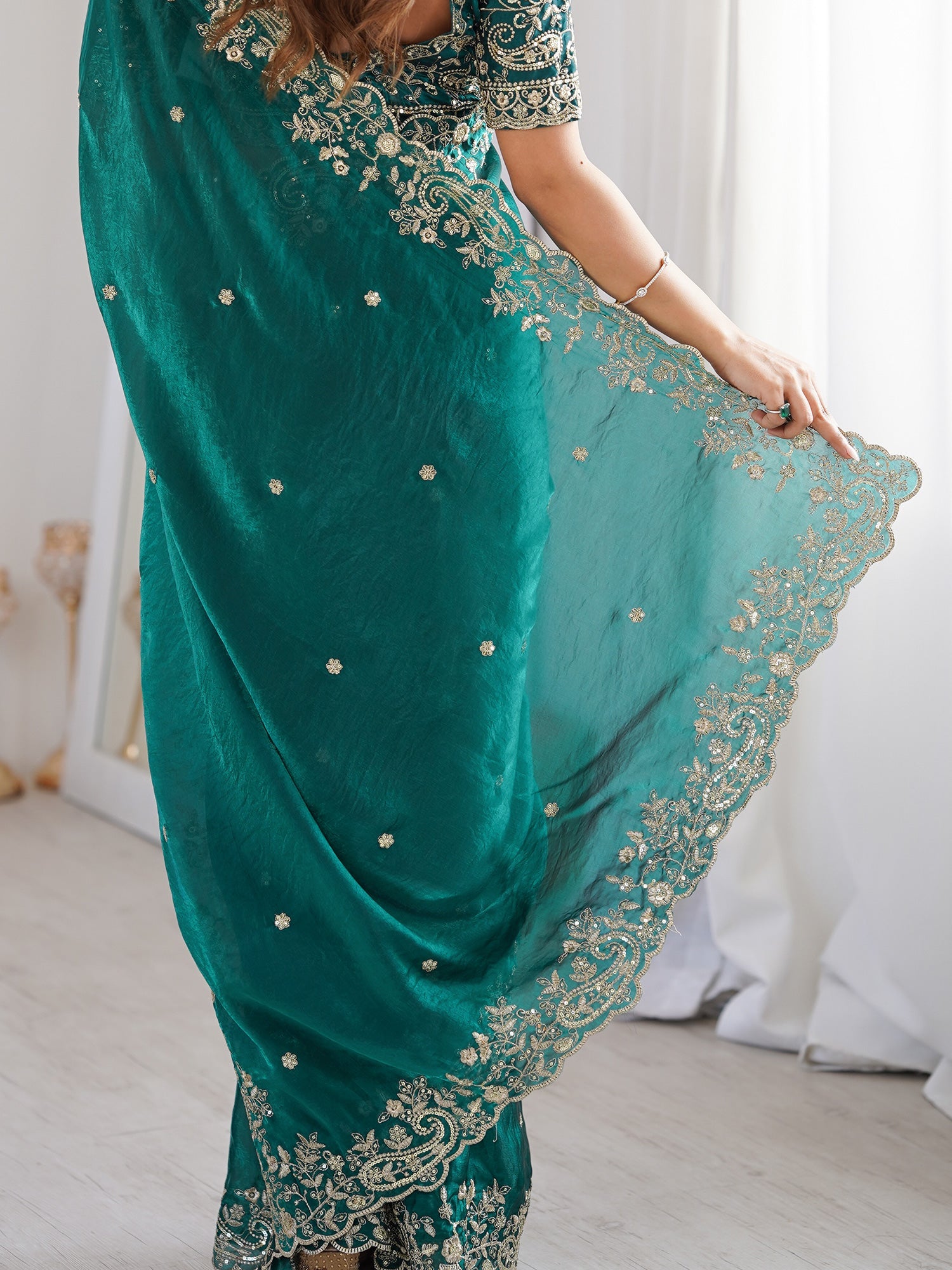 Rama Green Metallic Tissue Silk Saree - Ressa