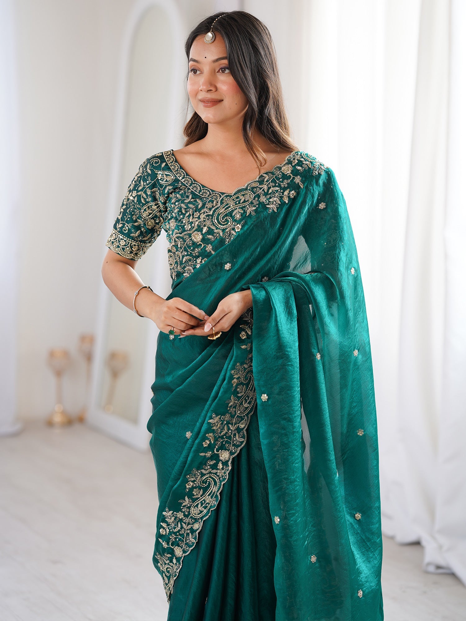 Rama Green Metallic Tissue Silk Saree - Ressa