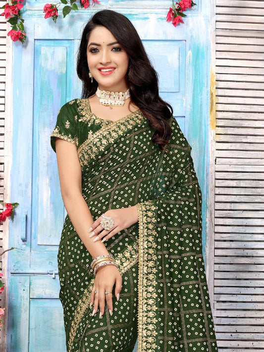 Rama Green Silk Bandhani Print Saree - Ressa