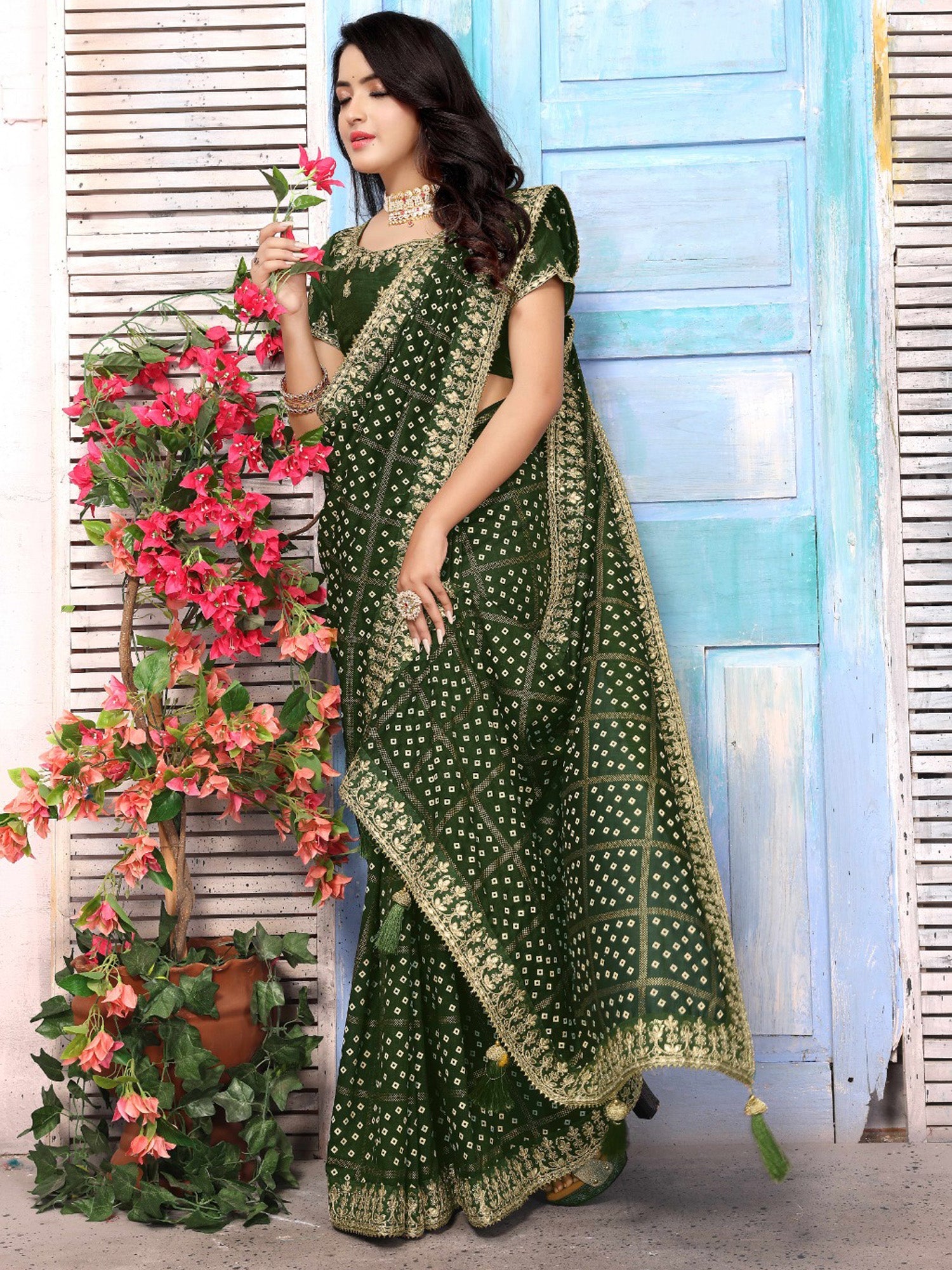Rama Green Silk Bandhani Print Saree - Ressa
