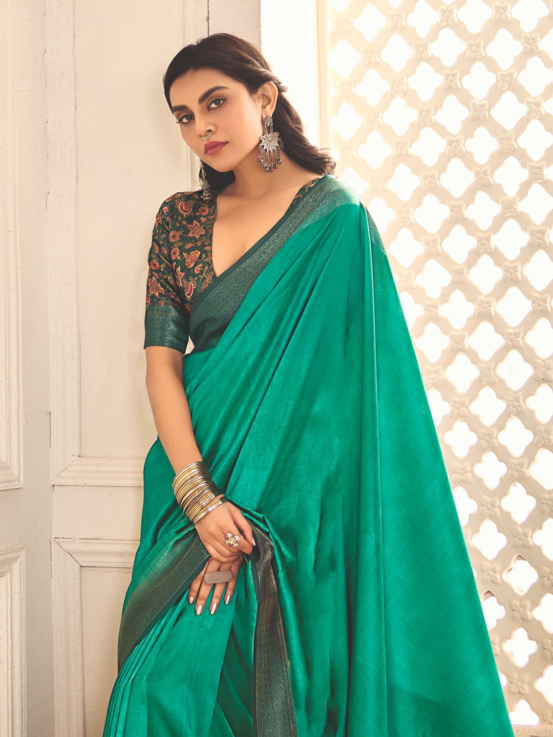 Rama Green Silk Blend Heritage Banarasi Style Saree - Ressa