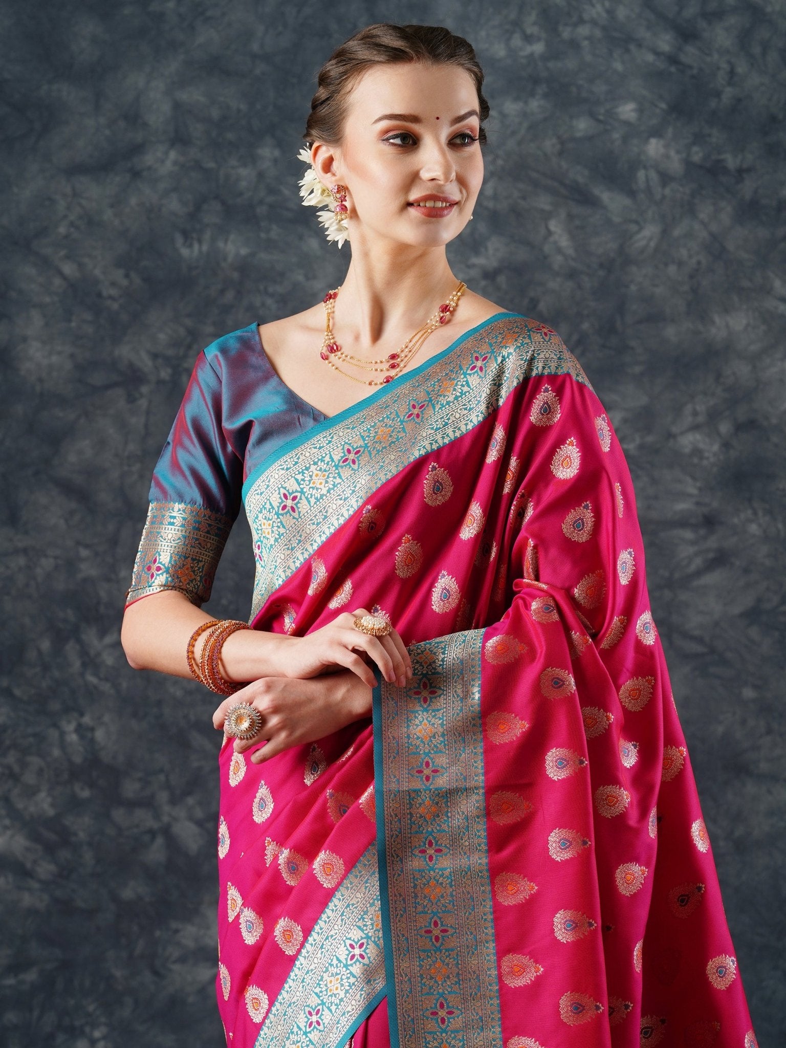 Rani Pink Banarasi Silk Saree with Meenakari Buti Saree - Ressa