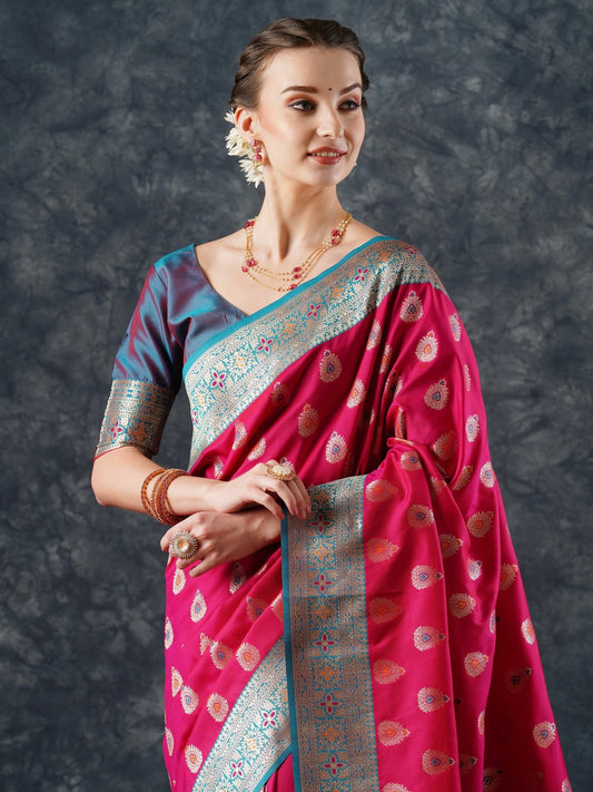 Rani Pink Banarasi Silk Saree with Meenakari Buti Saree - Ressa