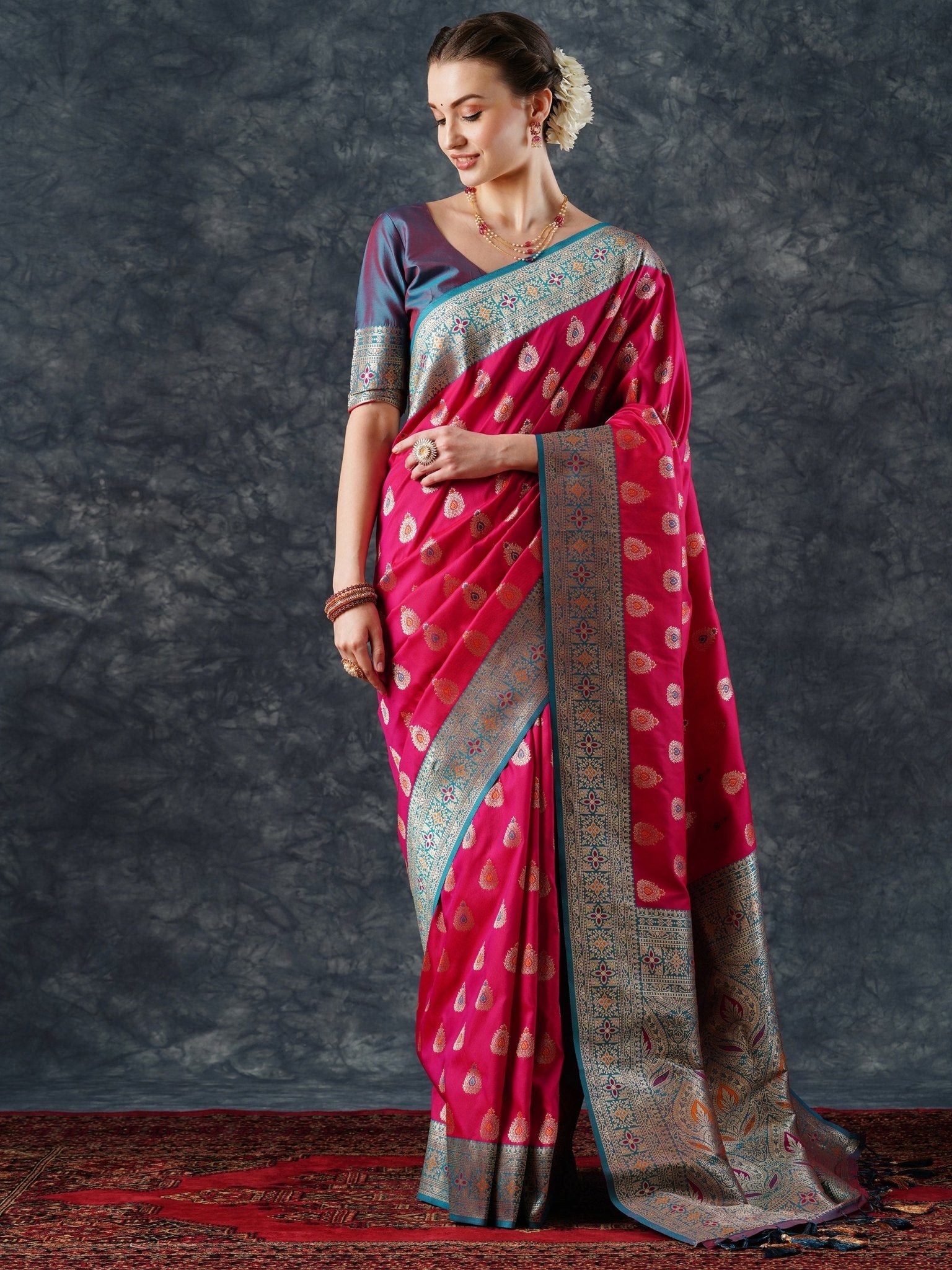 Rani Pink Banarasi Silk Saree with Meenakari Buti Saree - Ressa