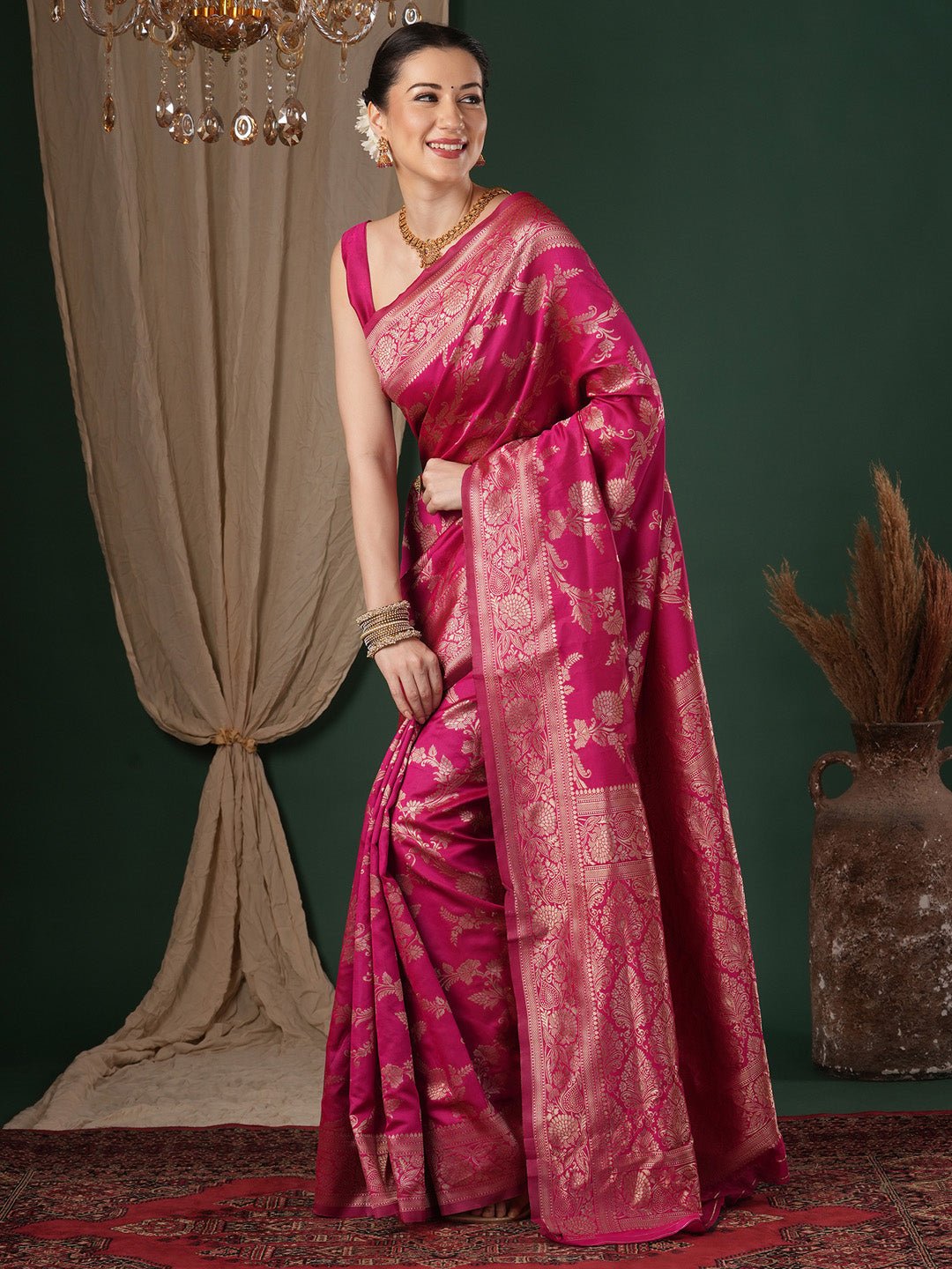Rani Pink Banarasi Woven Lichi Silk Saree - Ressa