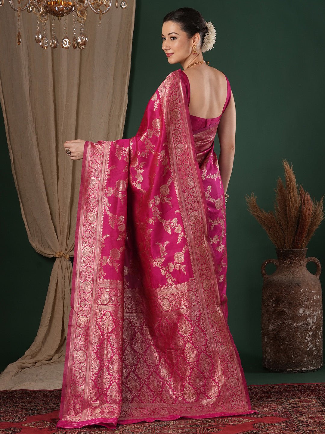 Rani Pink Banarasi Woven Lichi Silk Saree - Ressa
