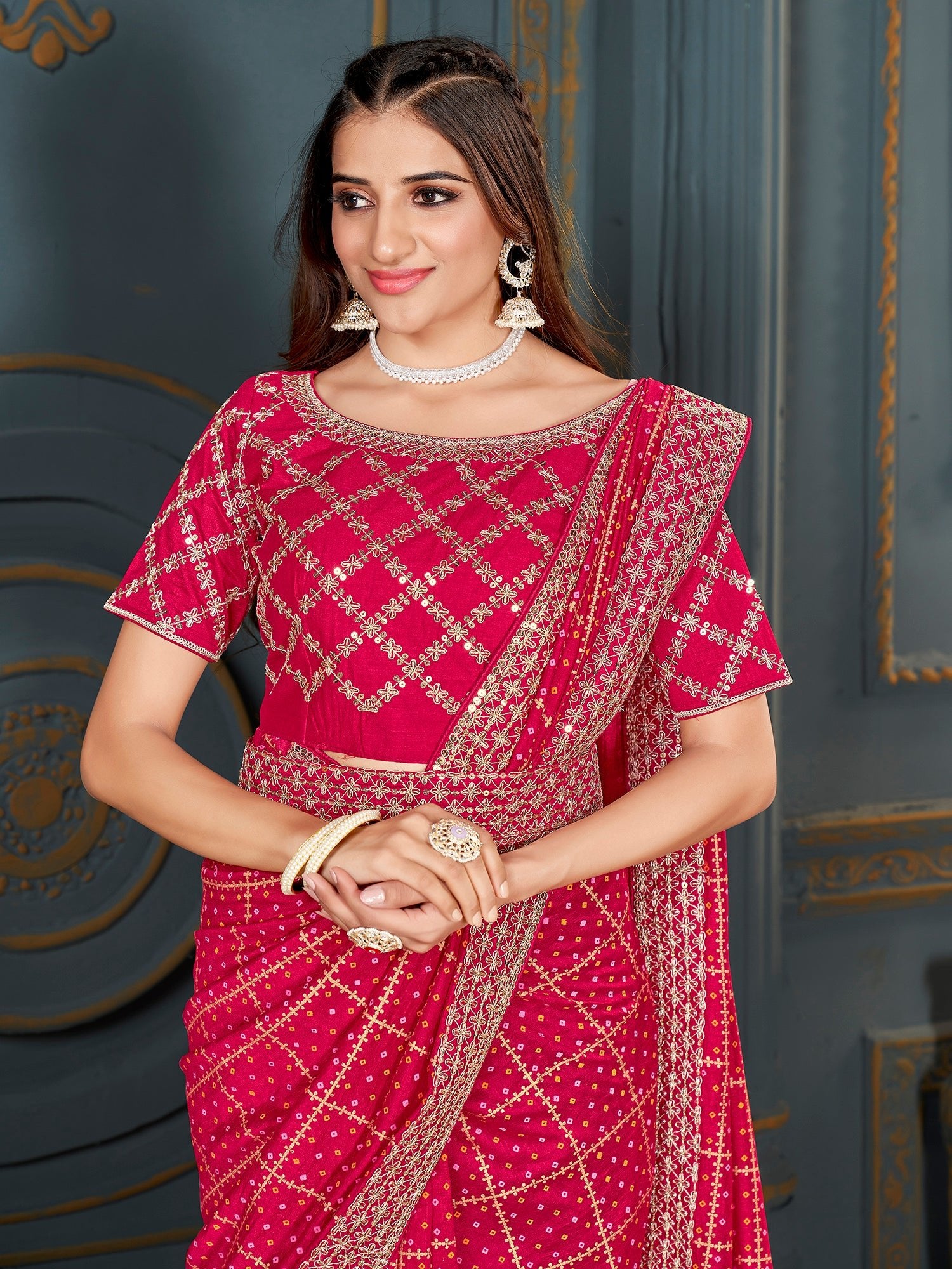 Rani Pink Bandhani Georgette Saree with Embroidered Blouse - Ressa