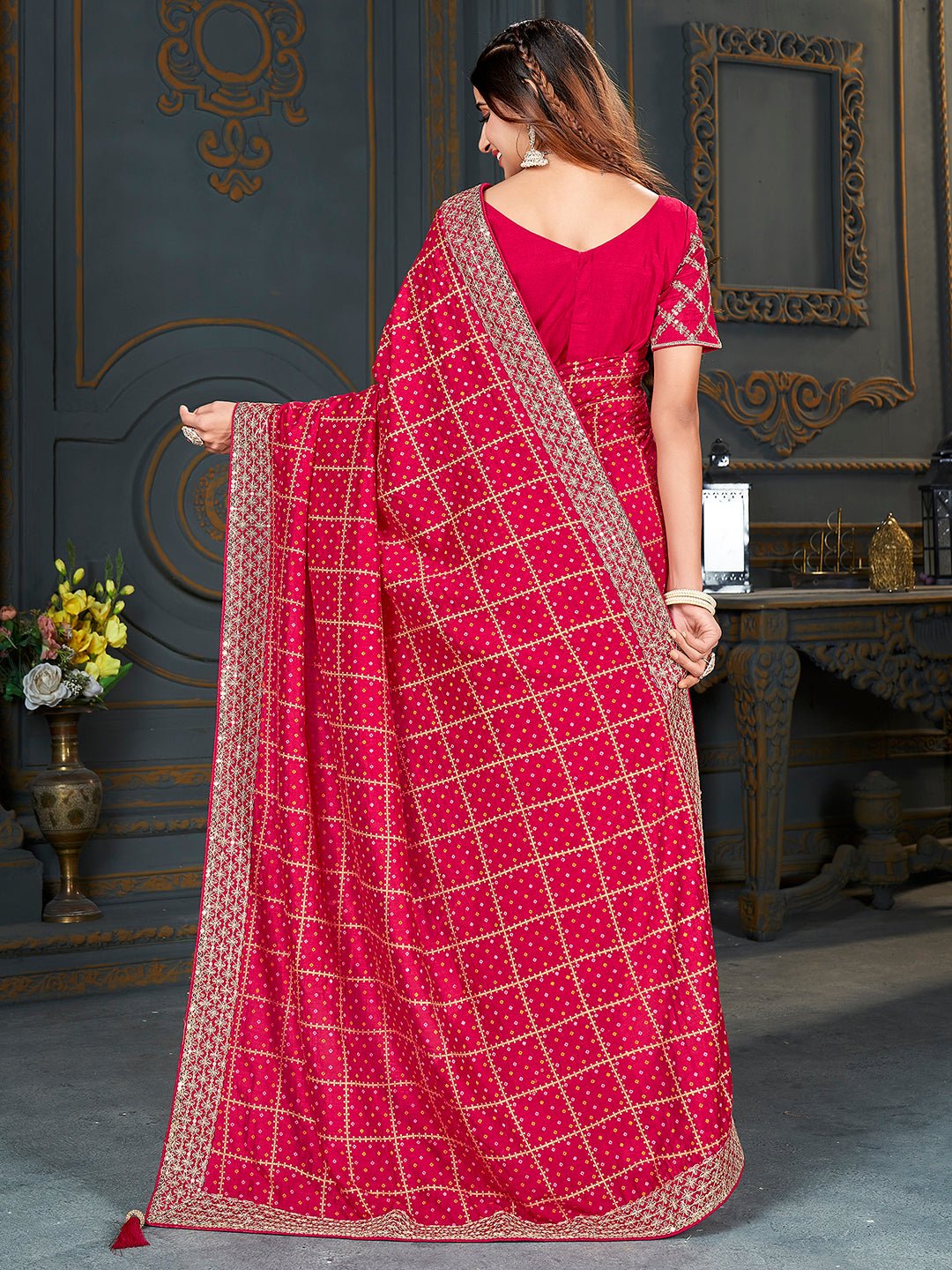 Rani Pink Bandhani Georgette Saree with Embroidered Blouse - Ressa