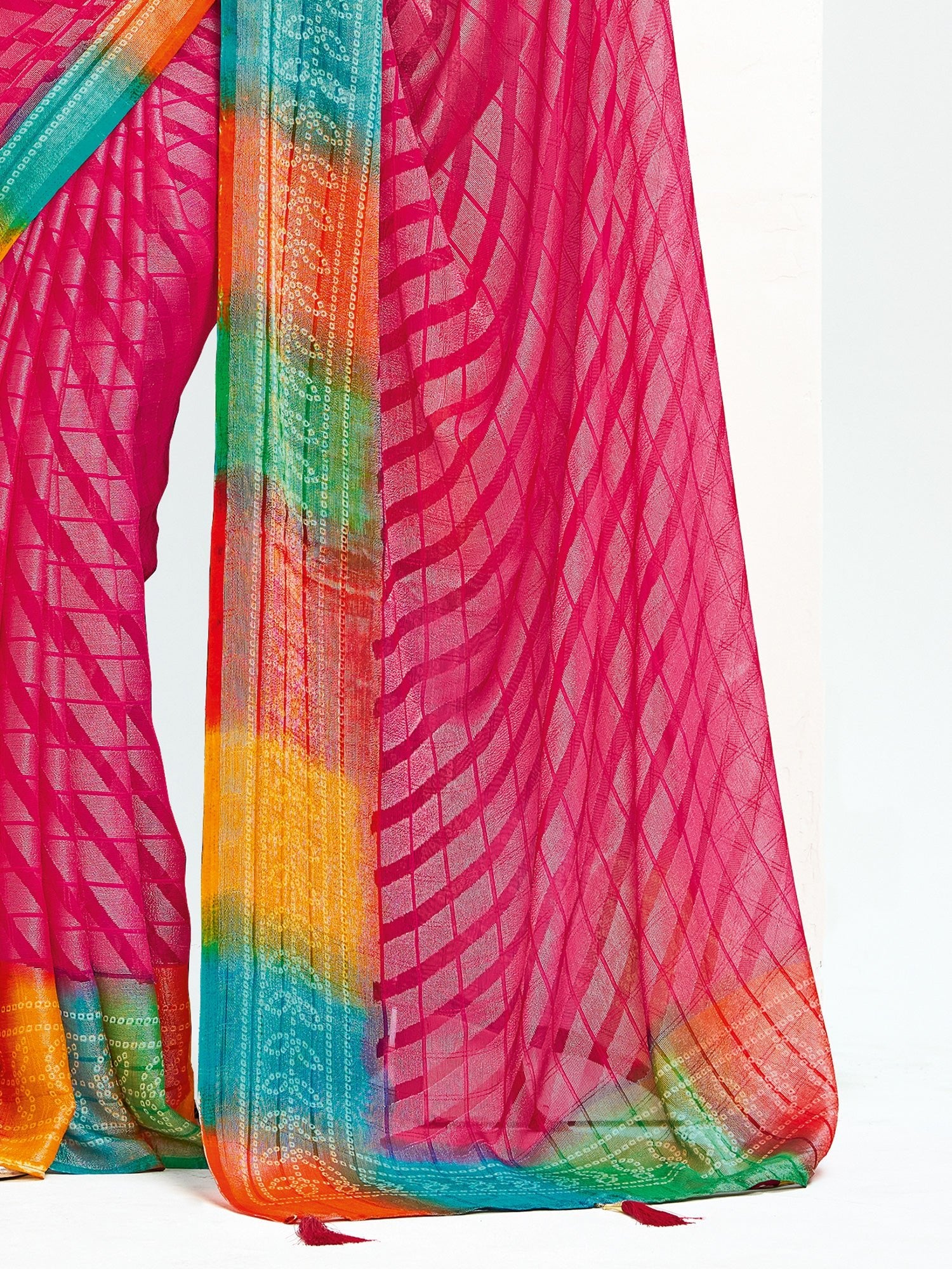 Rani Pink Bandhani Georgette Saree with Rainbow Border - Ressa
