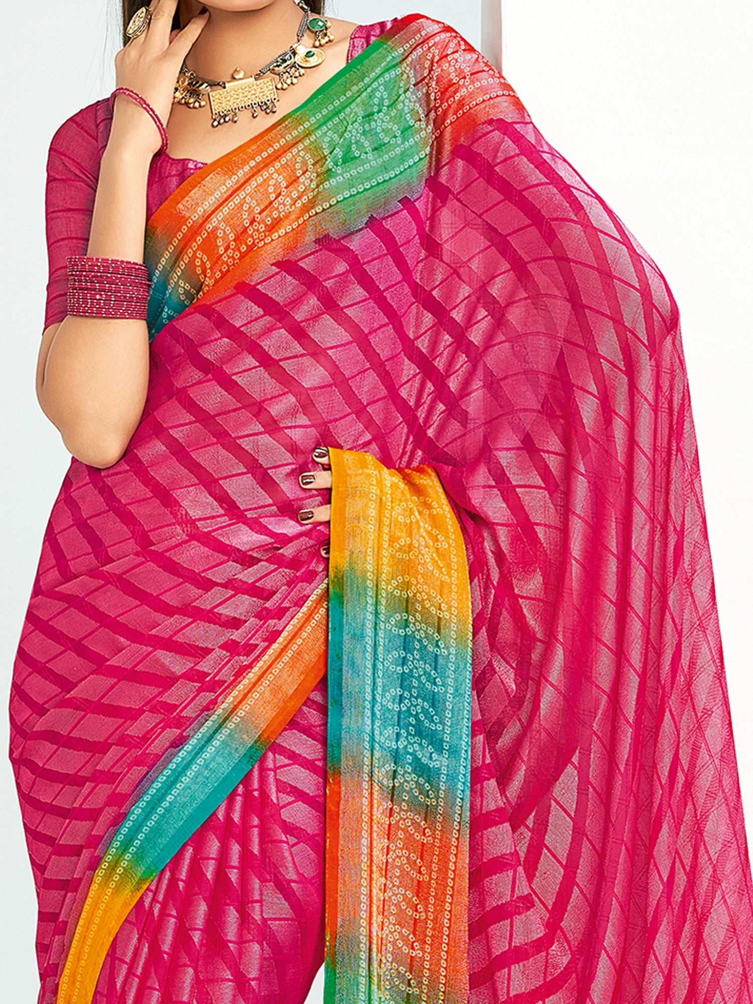 Rani Pink Bandhani Georgette Saree with Rainbow Border - Ressa