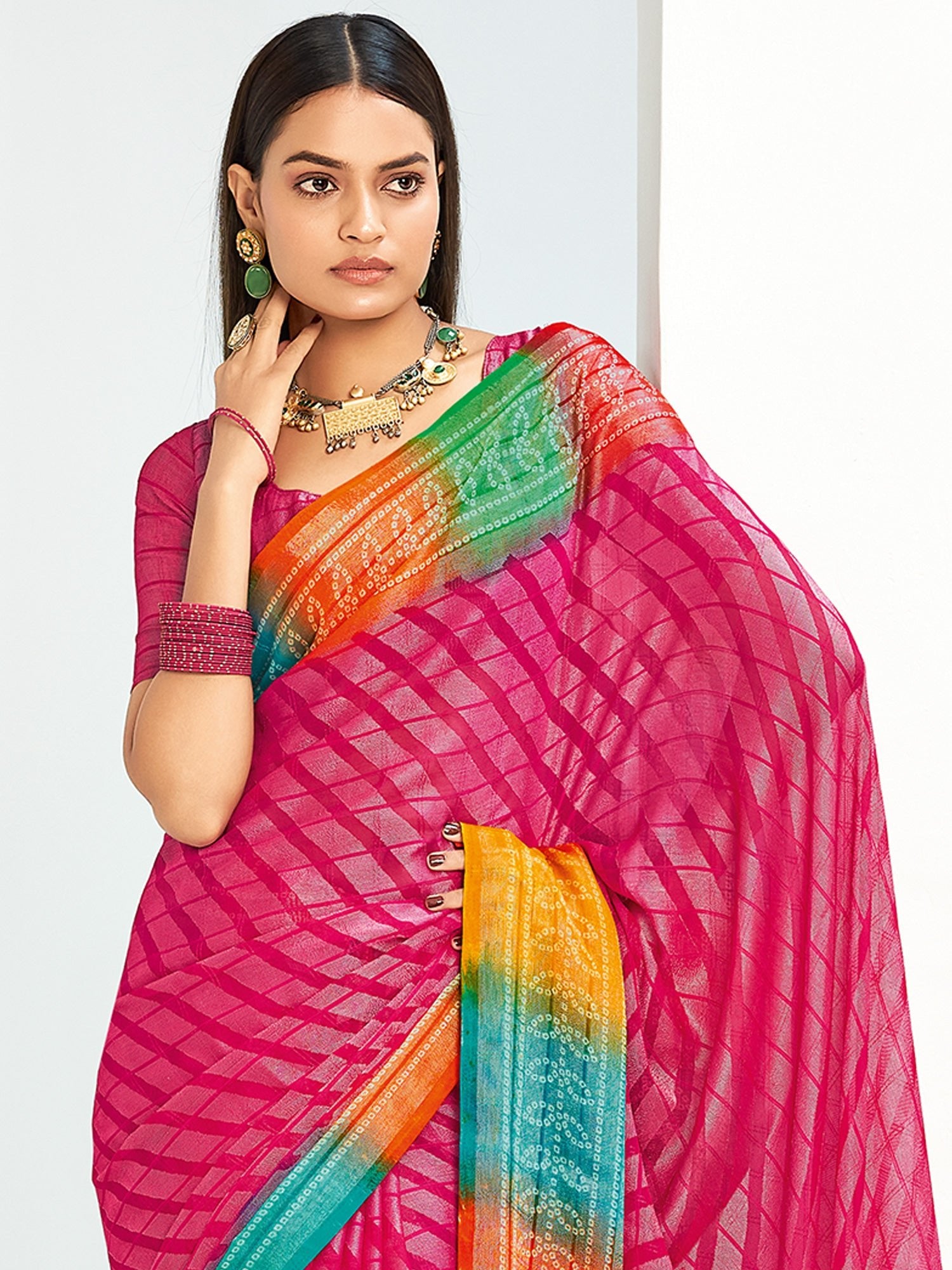 Rani Pink Bandhani Georgette Saree with Rainbow Border - Ressa