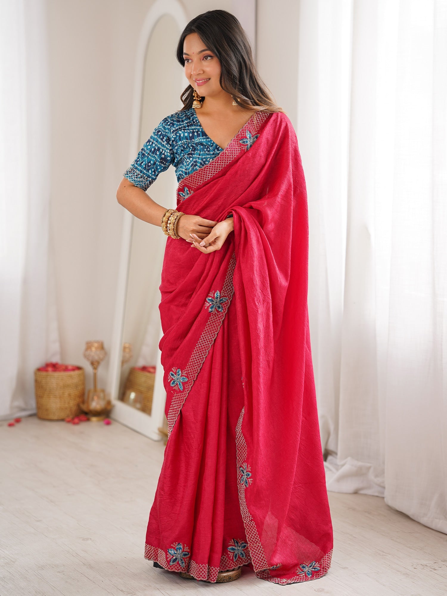 Rani Pink Dola Silk Saree with Embroidered Floral Border - Ressa